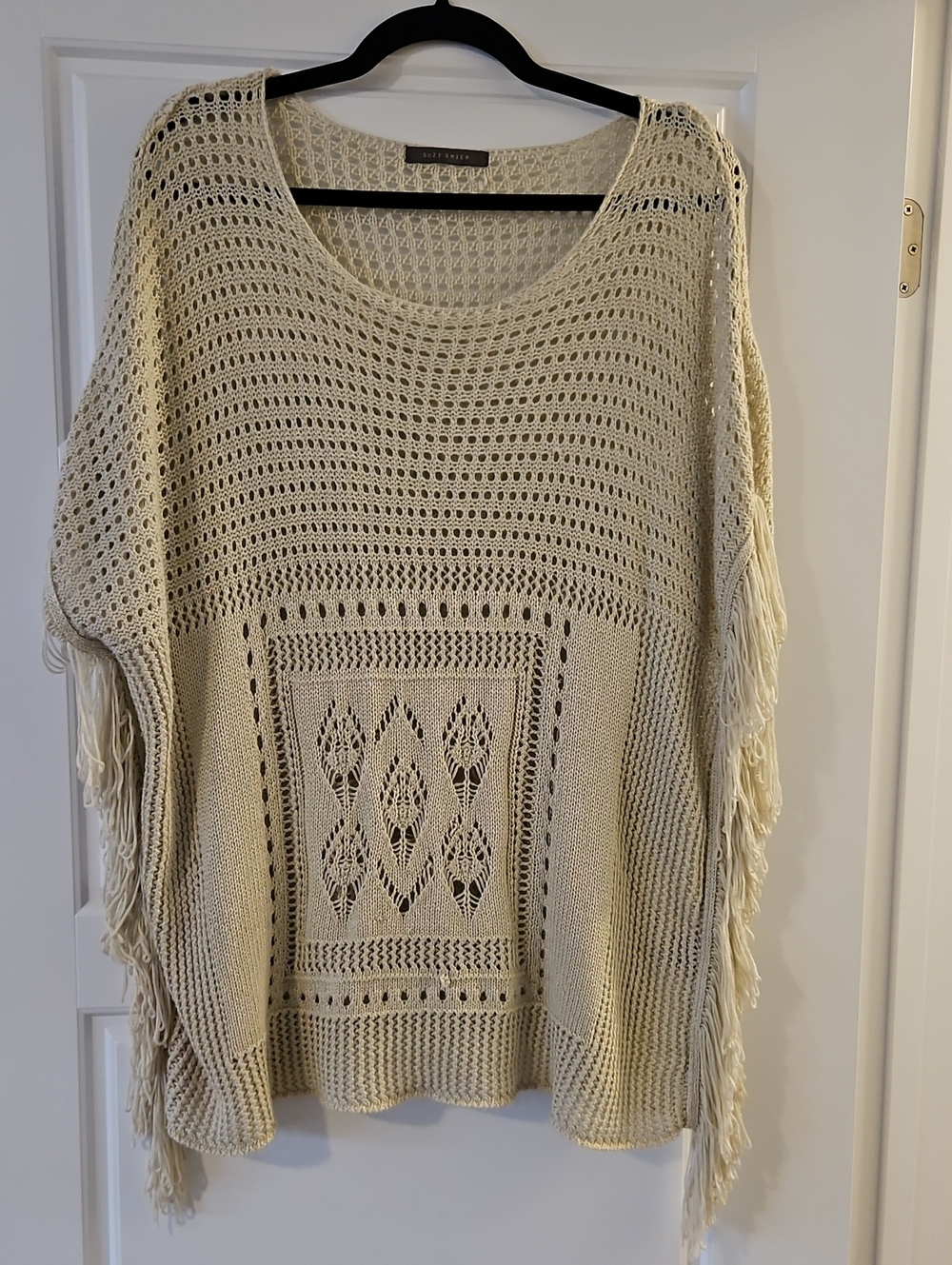 Open-Knit Fringe Poncho Sweater in Cream